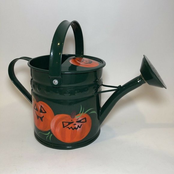 Hand Painted Metal Watering Can 6" Pumpkin Halloween Farmhouse Rustic Artistic - Picture 1 of 11